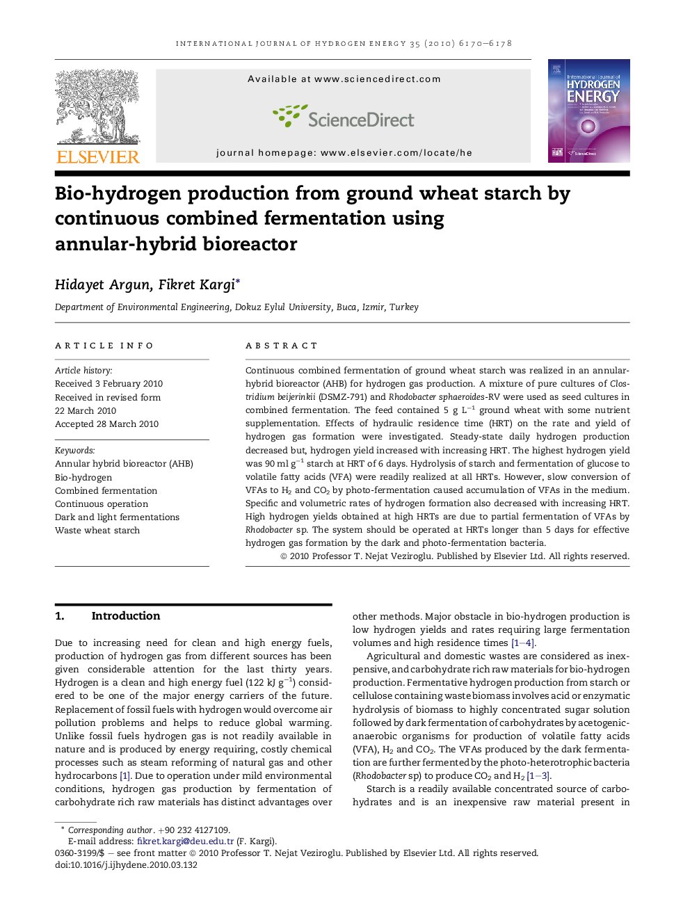 Bio-hydrogen production from ground wheat starch by continuous combined fermentation using annular-hybrid bioreactor