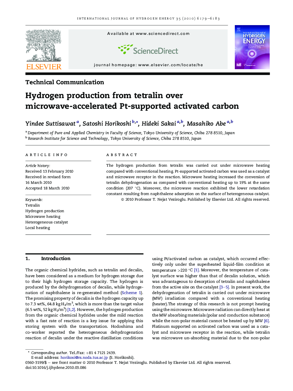 Hydrogen production from tetralin over microwave-accelerated Pt-supported activated carbon