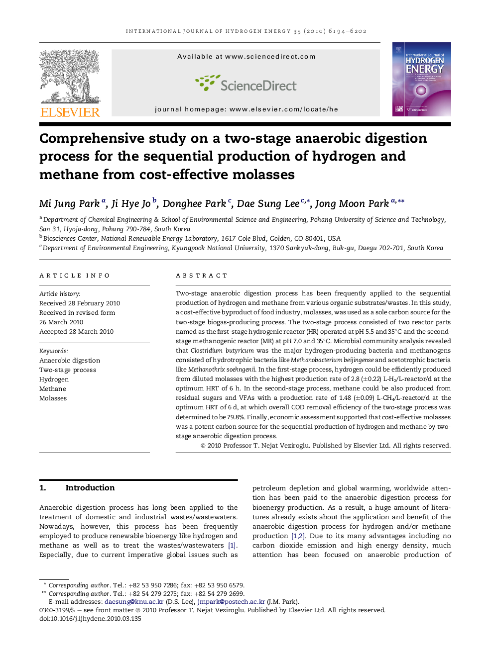 Comprehensive study on a two-stage anaerobic digestion process for the sequential production of hydrogen and methane from cost-effective molasses