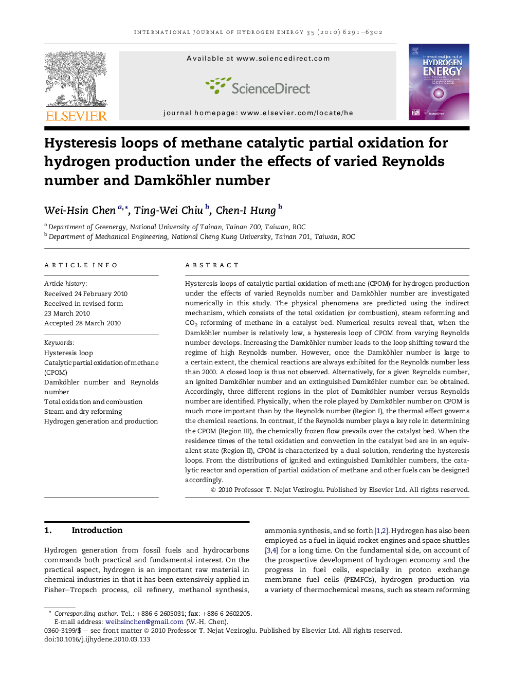 Hysteresis loops of methane catalytic partial oxidation for hydrogen production under the effects of varied Reynolds number and Damköhler number