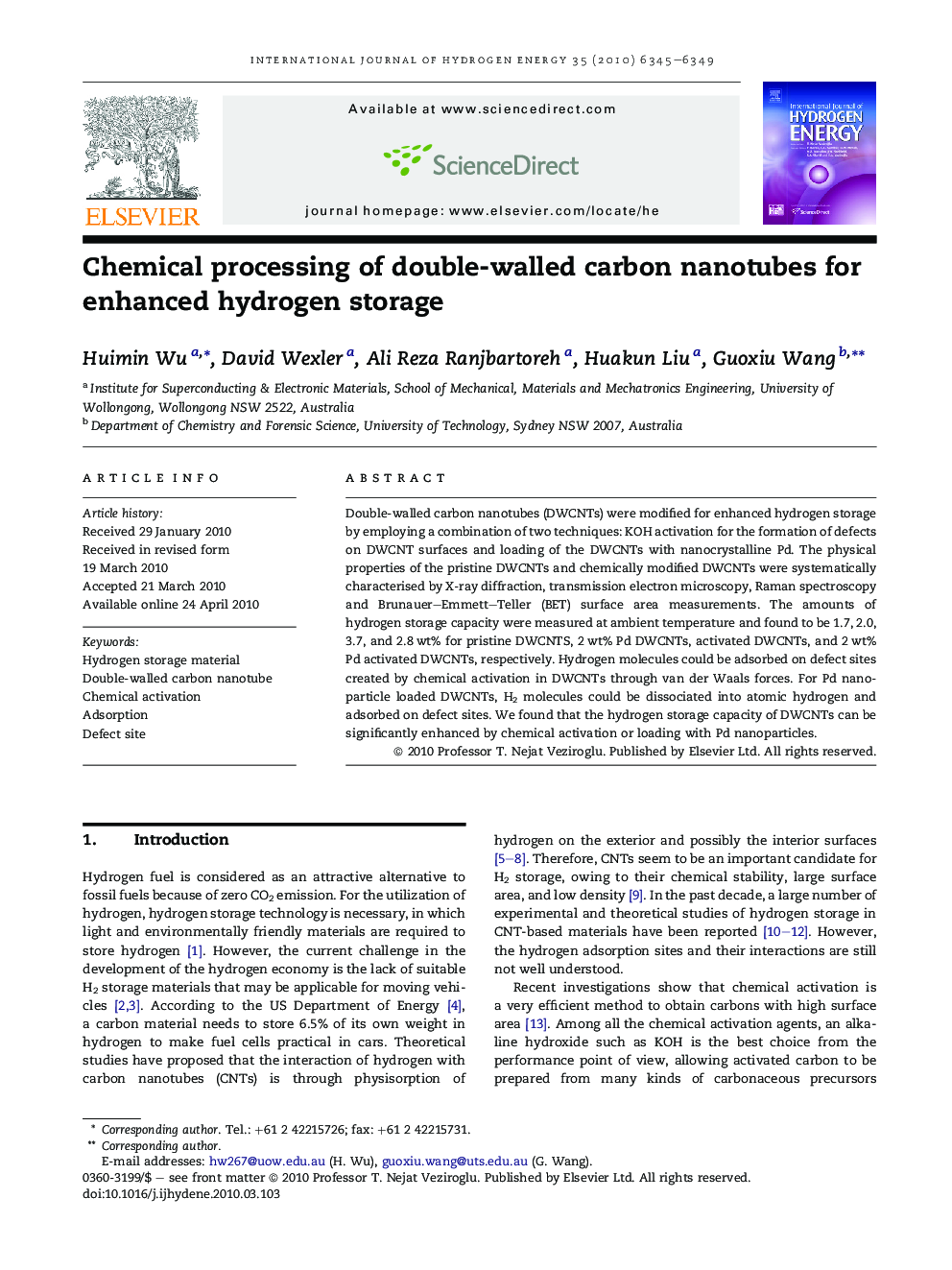 Chemical processing of double-walled carbon nanotubes for enhanced hydrogen storage