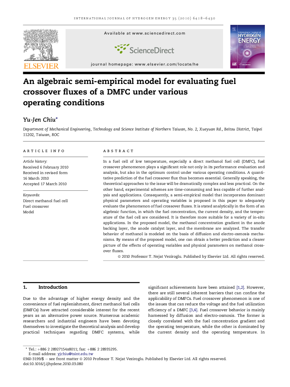 An algebraic semi-empirical model for evaluating fuel crossover fluxes of a DMFC under various operating conditions