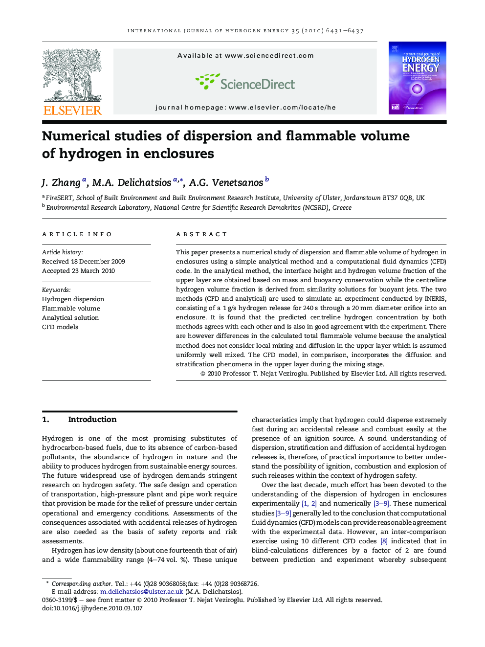 Numerical studies of dispersion and flammable volume of hydrogen in enclosures