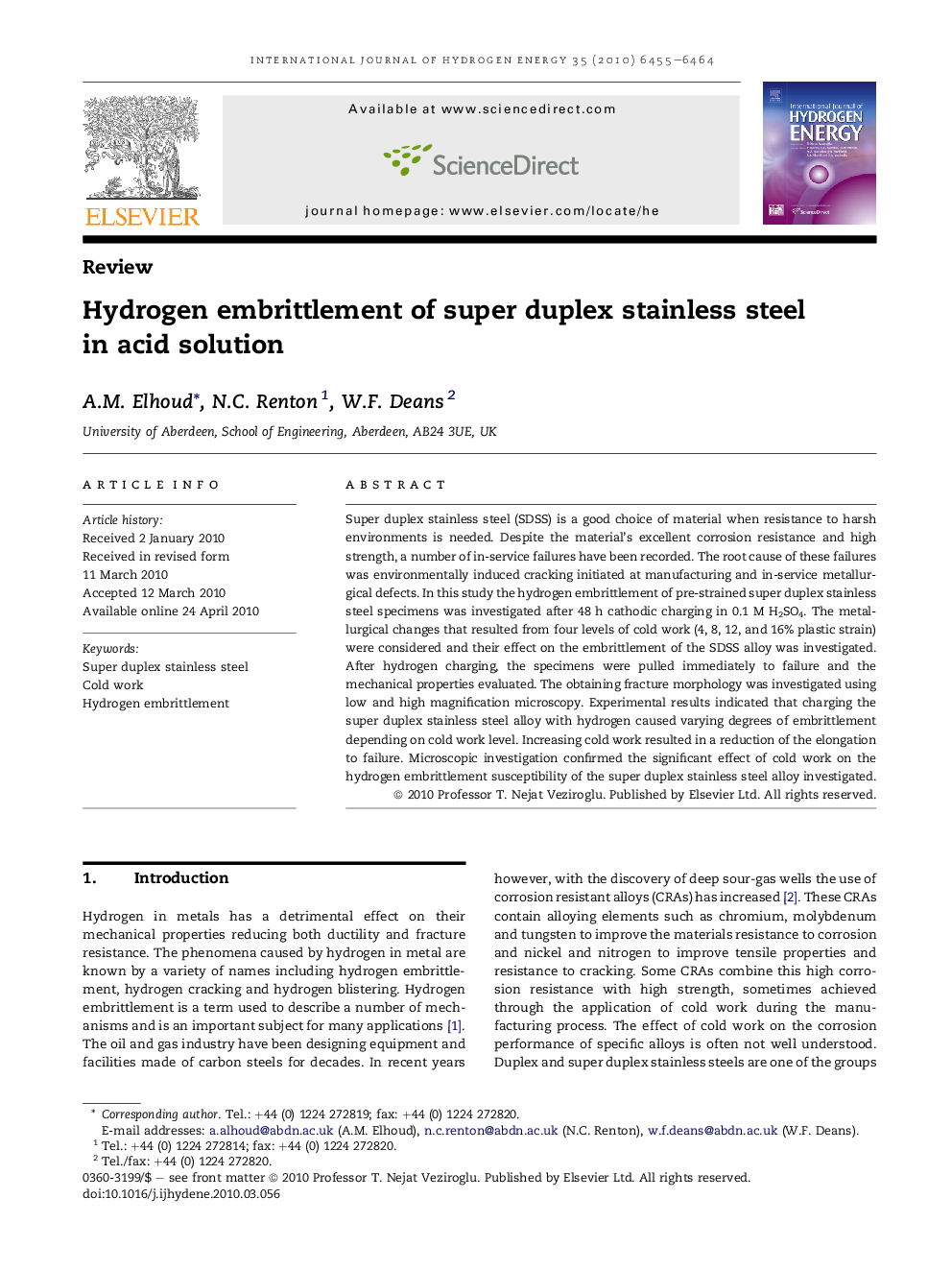 Hydrogen embrittlement of super duplex stainless steel in acid solution