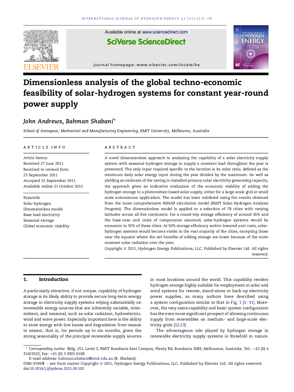 Dimensionless analysis of the global techno-economic feasibility of solar-hydrogen systems for constant year-round power supply