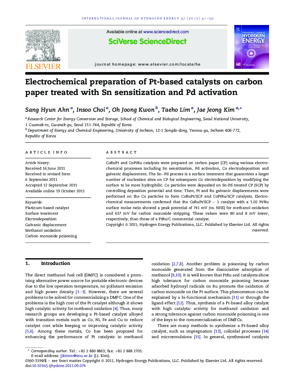 Electrochemical preparation of Pt-based catalysts on carbon paper treated with Sn sensitization and Pd activation