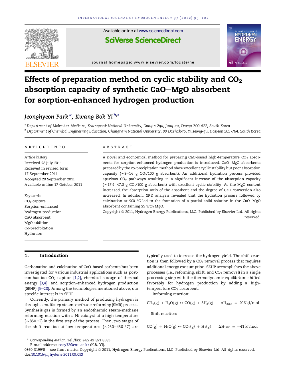 Effects of preparation method on cyclic stability and CO2 absorption capacity of synthetic CaO–MgO absorbent for sorption-enhanced hydrogen production