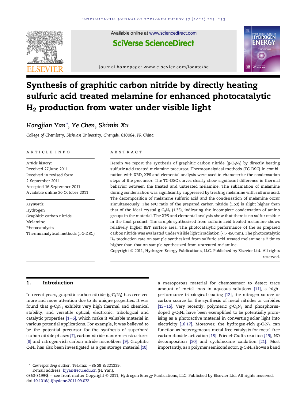 Synthesis of graphitic carbon nitride by directly heating sulfuric acid treated melamine for enhanced photocatalytic H2 production from water under visible light