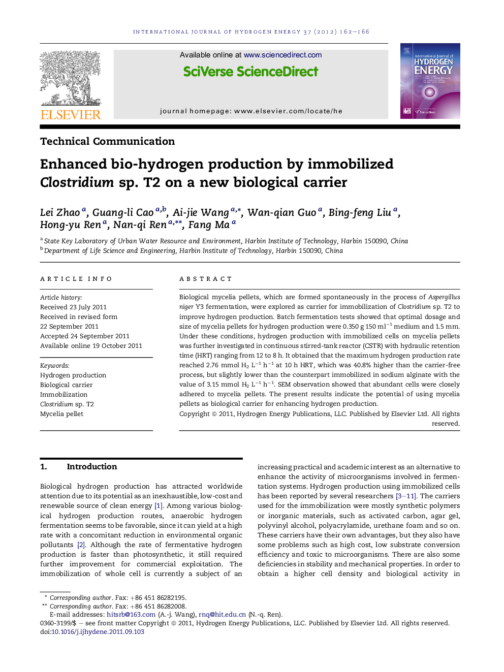 Enhanced bio-hydrogen production by immobilized Clostridium sp. T2 on a new biological carrier