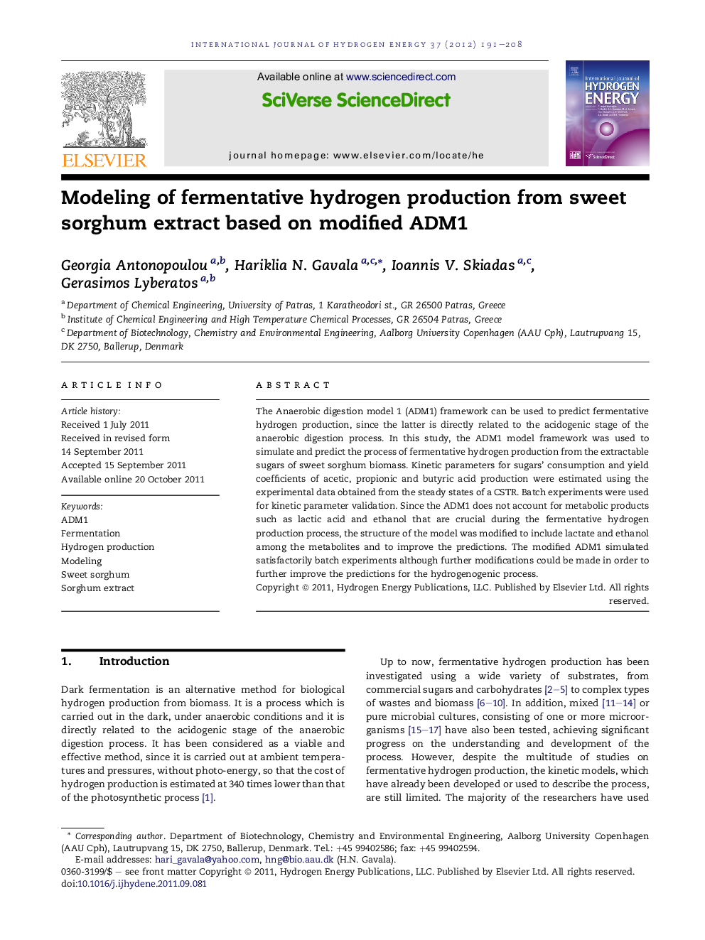 Modeling of fermentative hydrogen production from sweet sorghum extract based on modified ADM1