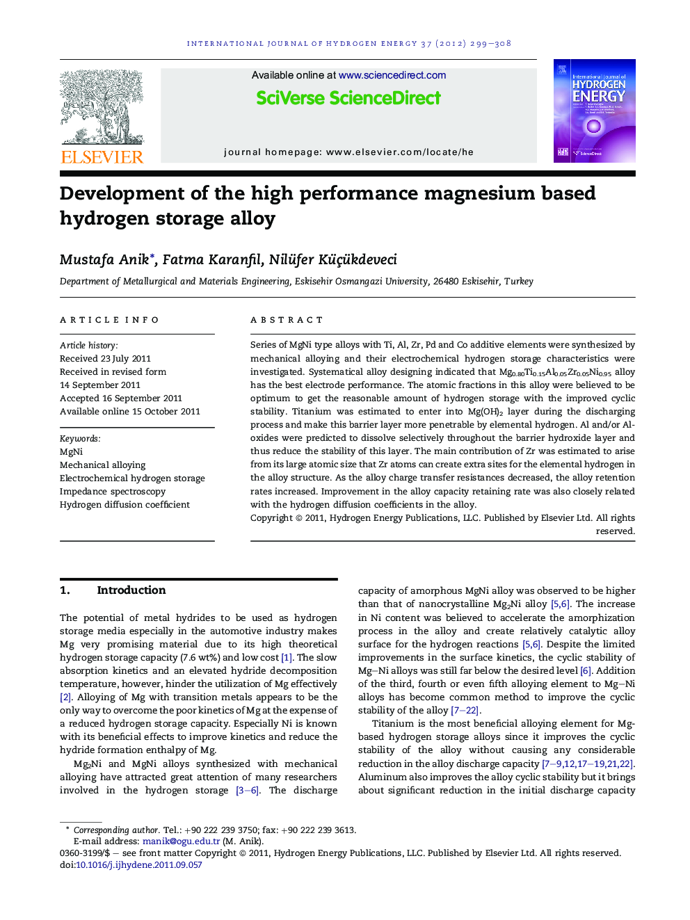 Development of the high performance magnesium based hydrogen storage alloy