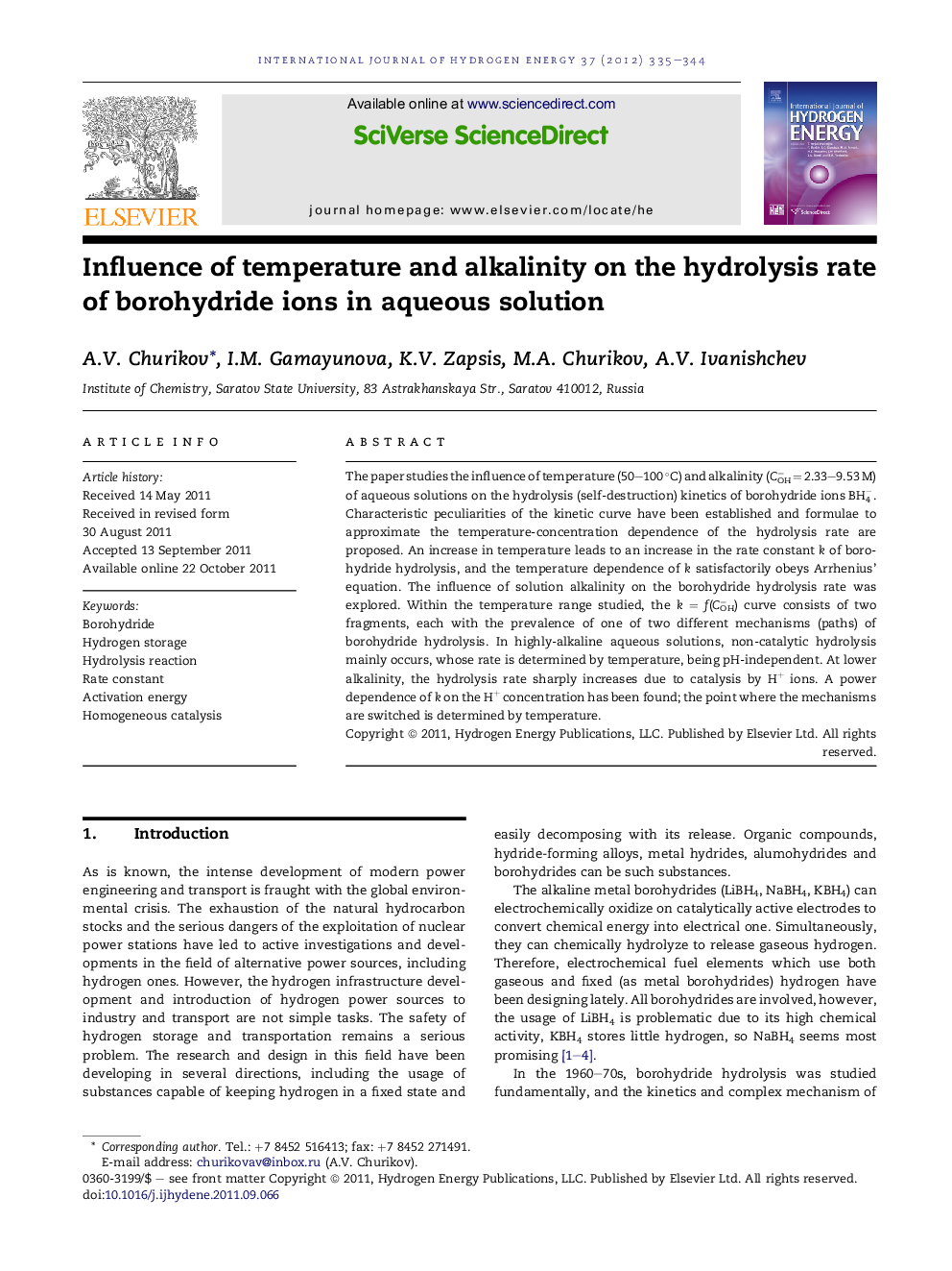 Influence of temperature and alkalinity on the hydrolysis rate of borohydride ions in aqueous solution