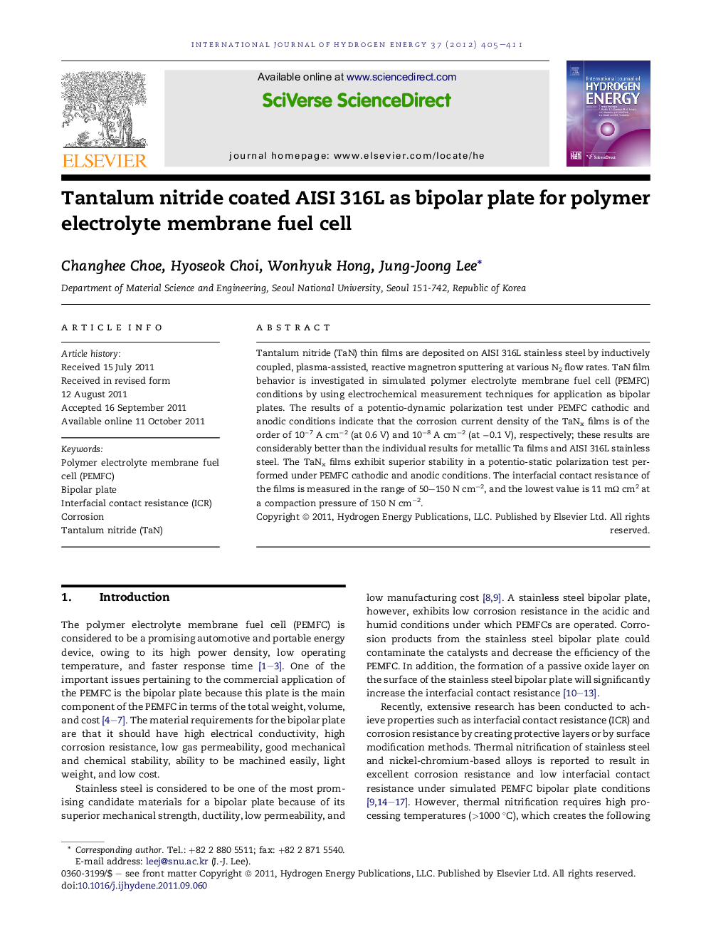 Tantalum nitride coated AISI 316L as bipolar plate for polymer electrolyte membrane fuel cell