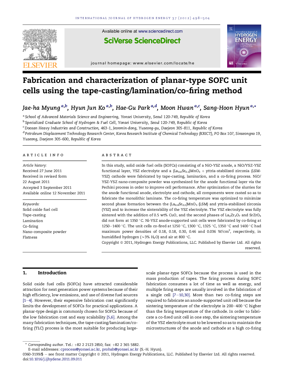 Fabrication and characterization of planar-type SOFC unit cells using the tape-casting/lamination/co-firing method