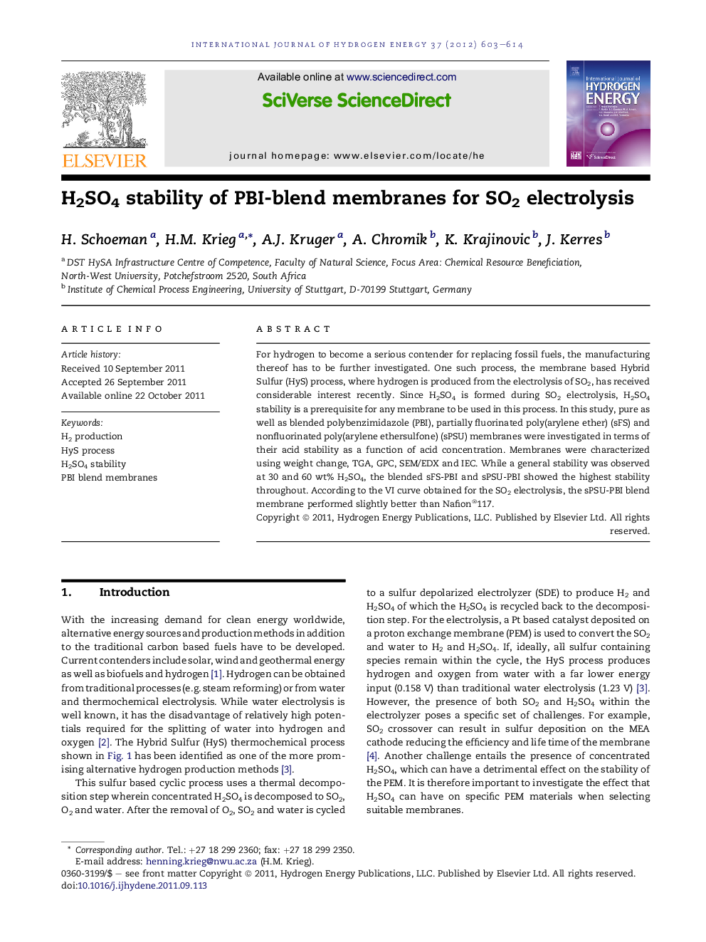 H2SO4 stability of PBI-blend membranes for SO2 electrolysis