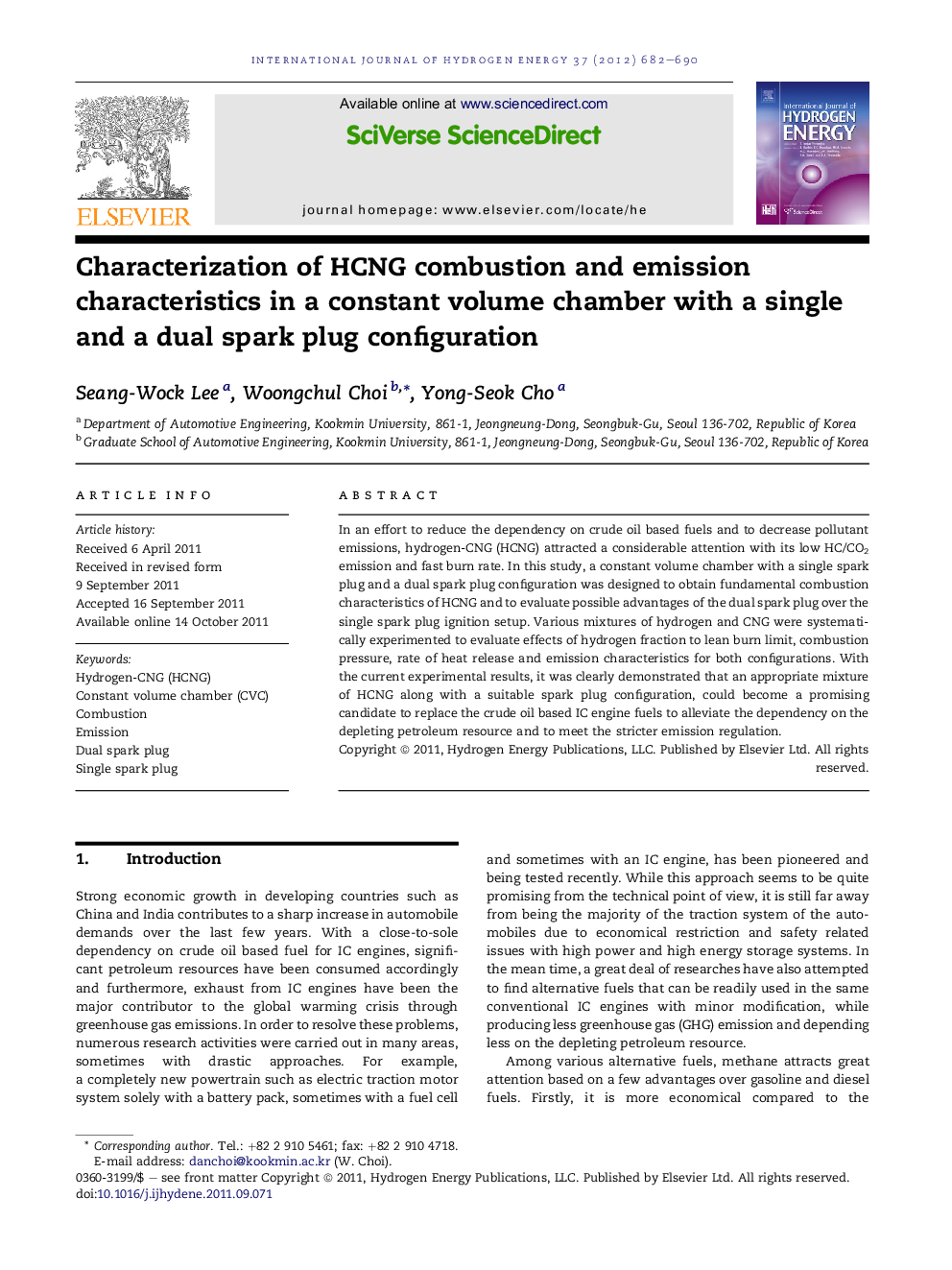 Characterization of HCNG combustion and emission characteristics in a constant volume chamber with a single and a dual spark plug configuration