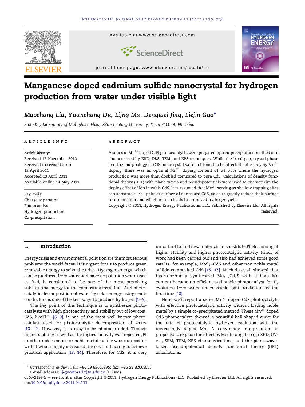 Manganese doped cadmium sulfide nanocrystal for hydrogen production from water under visible light