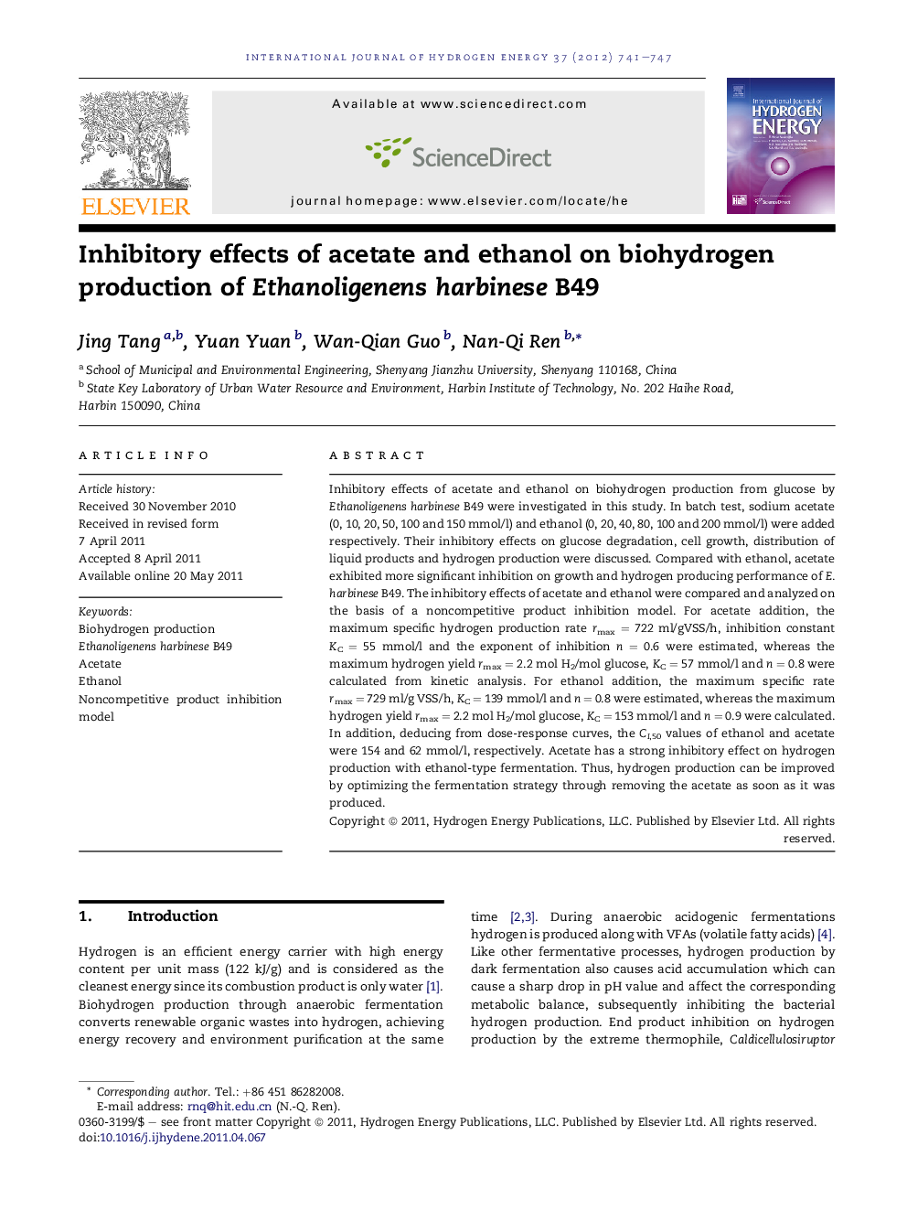 Inhibitory effects of acetate and ethanol on biohydrogen production of Ethanoligenens harbinese B49