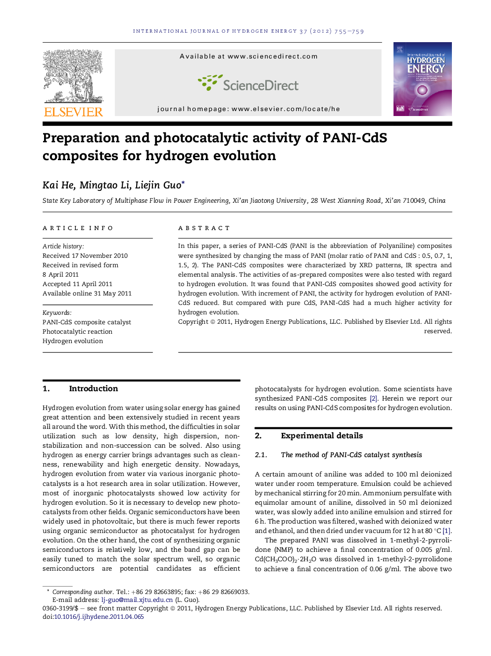 Preparation and photocatalytic activity of PANI-CdS composites for hydrogen evolution