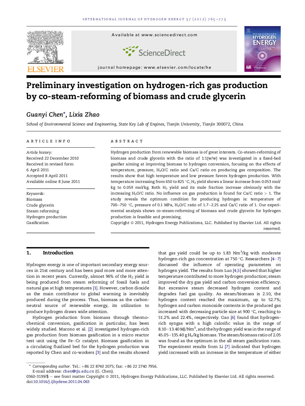 Preliminary investigation on hydrogen-rich gas production by co-steam-reforming of biomass and crude glycerin