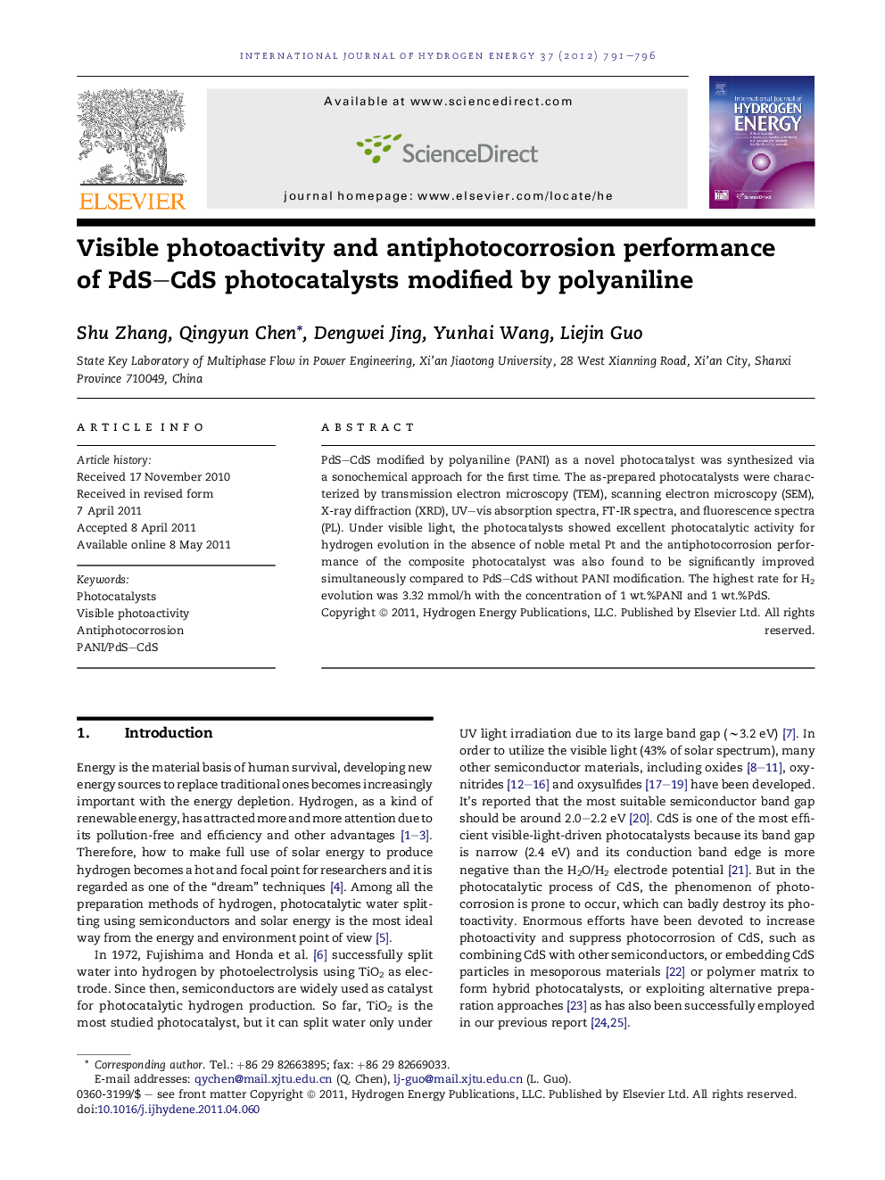 Visible photoactivity and antiphotocorrosion performance of PdS–CdS photocatalysts modified by polyaniline