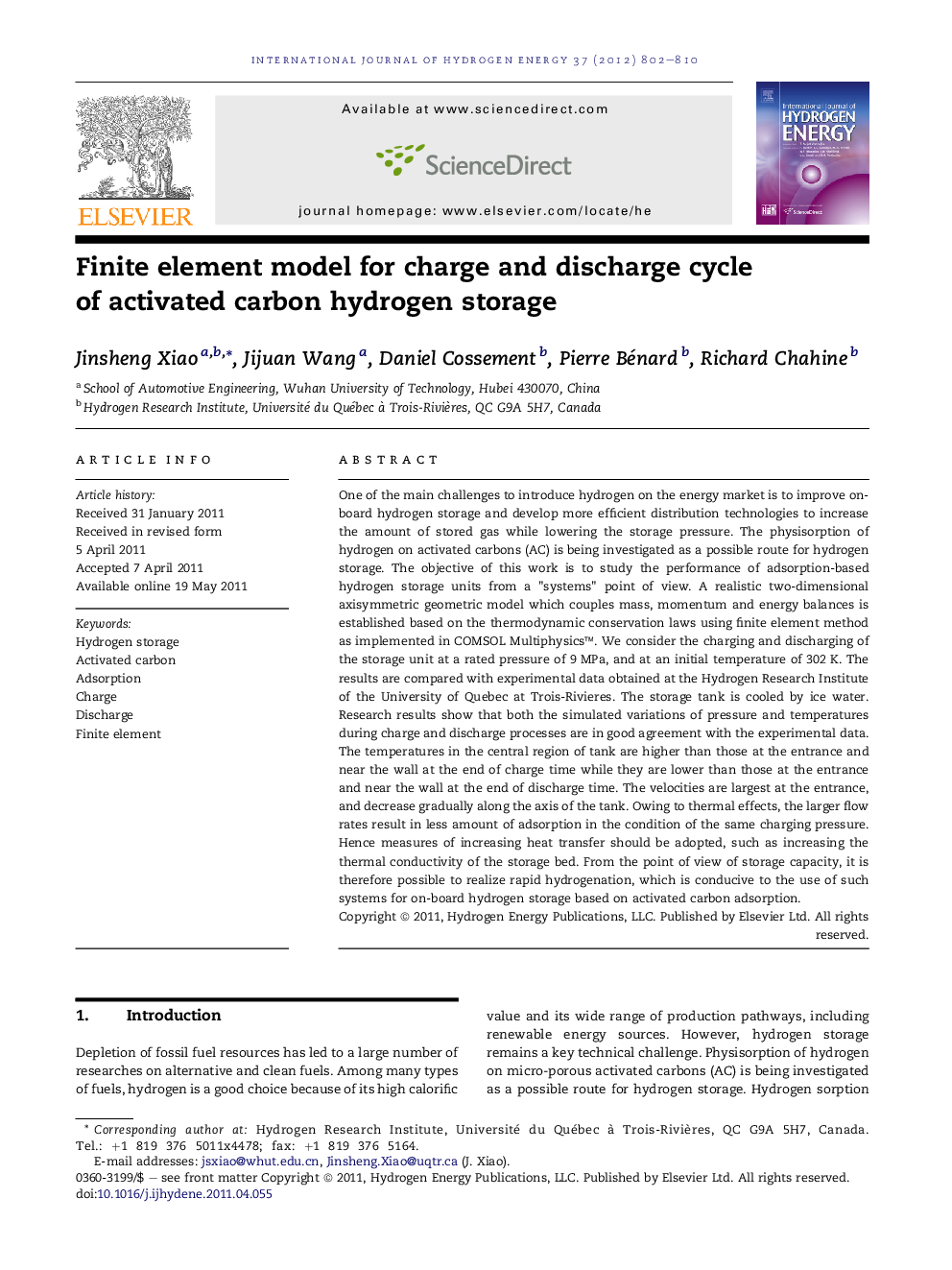 Finite element model for charge and discharge cycle of activated carbon hydrogen storage