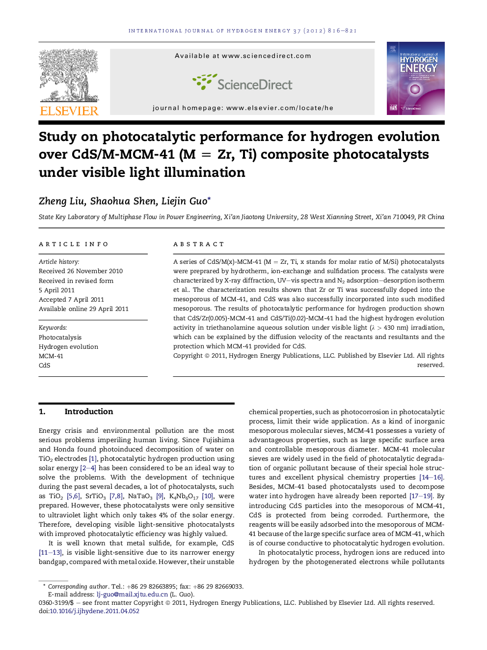 Study on photocatalytic performance for hydrogen evolution over CdS/M-MCM-41 (M = Zr, Ti) composite photocatalysts under visible light illumination