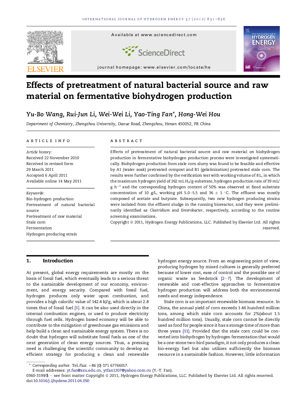 Effects of pretreatment of natural bacterial source and raw material on fermentative biohydrogen production