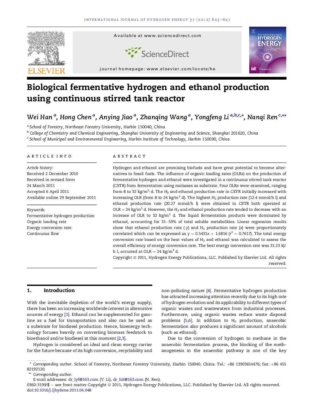 Biological fermentative hydrogen and ethanol production using continuous stirred tank reactor