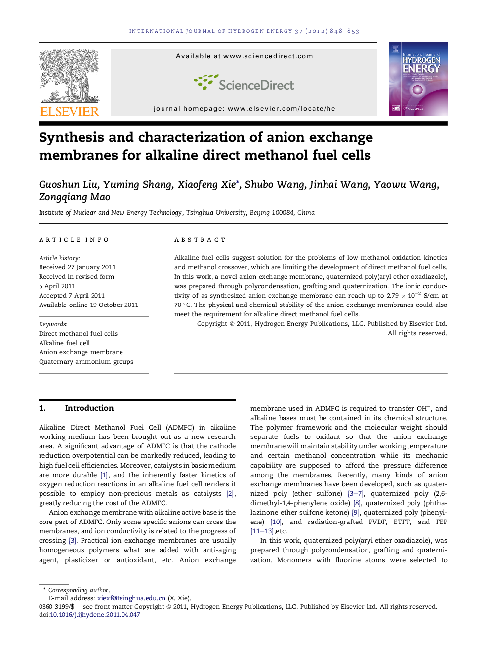 Synthesis and characterization of anion exchange membranes for alkaline direct methanol fuel cells