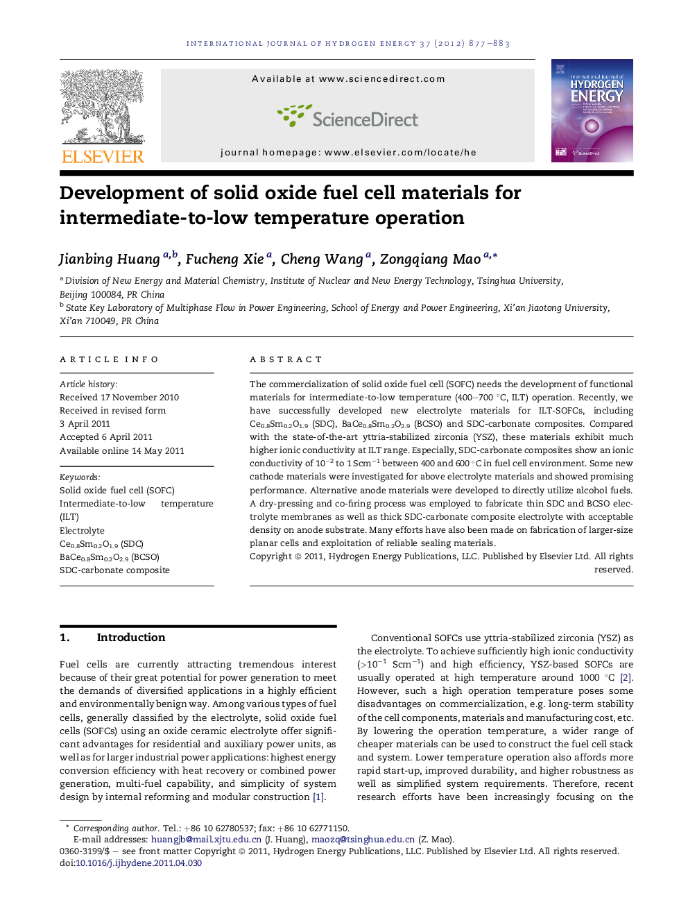 Development of solid oxide fuel cell materials for intermediate-to-low temperature operation