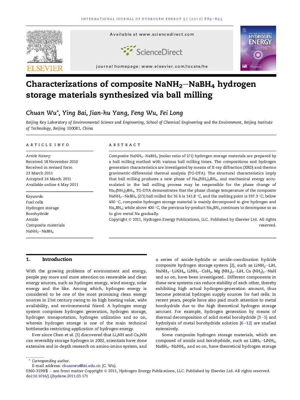 Characterizations of composite NaNH2–NaBH4 hydrogen storage materials synthesized via ball milling