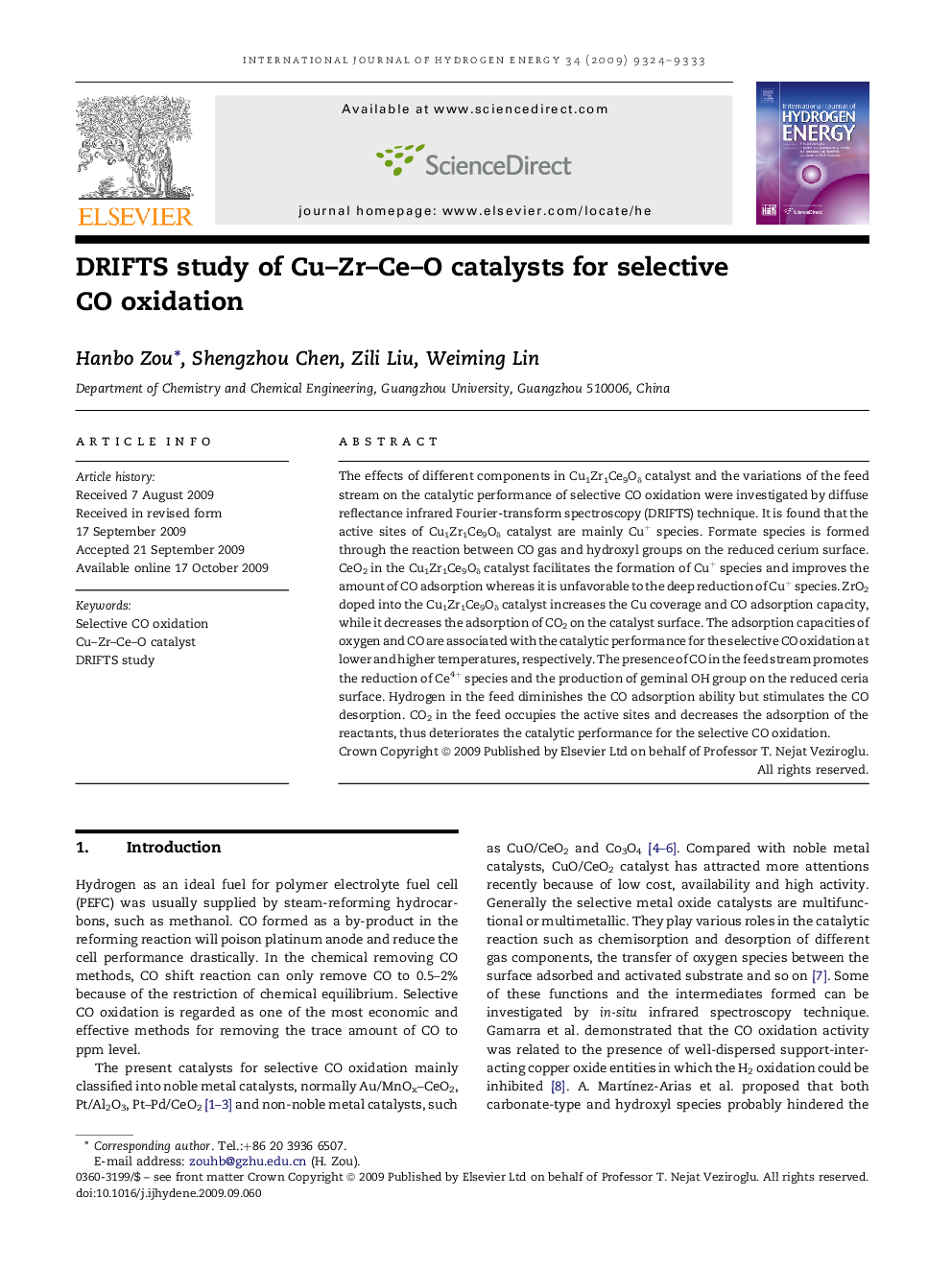 DRIFTS study of Cu–Zr–Ce–O catalysts for selective CO oxidation