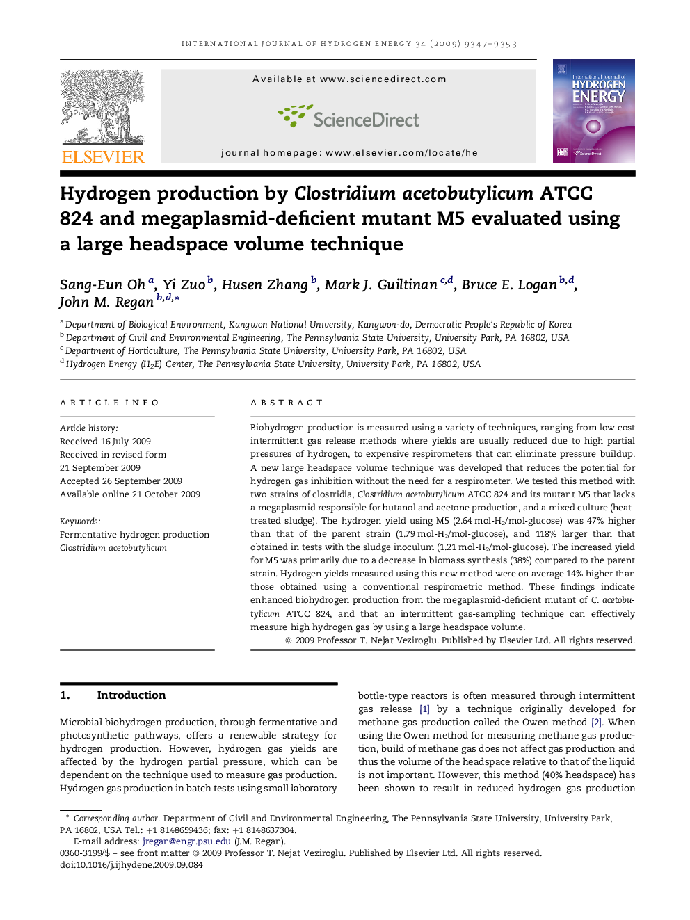 Hydrogen production by Clostridium acetobutylicum ATCC 824 and megaplasmid-deficient mutant M5 evaluated using a large headspace volume technique