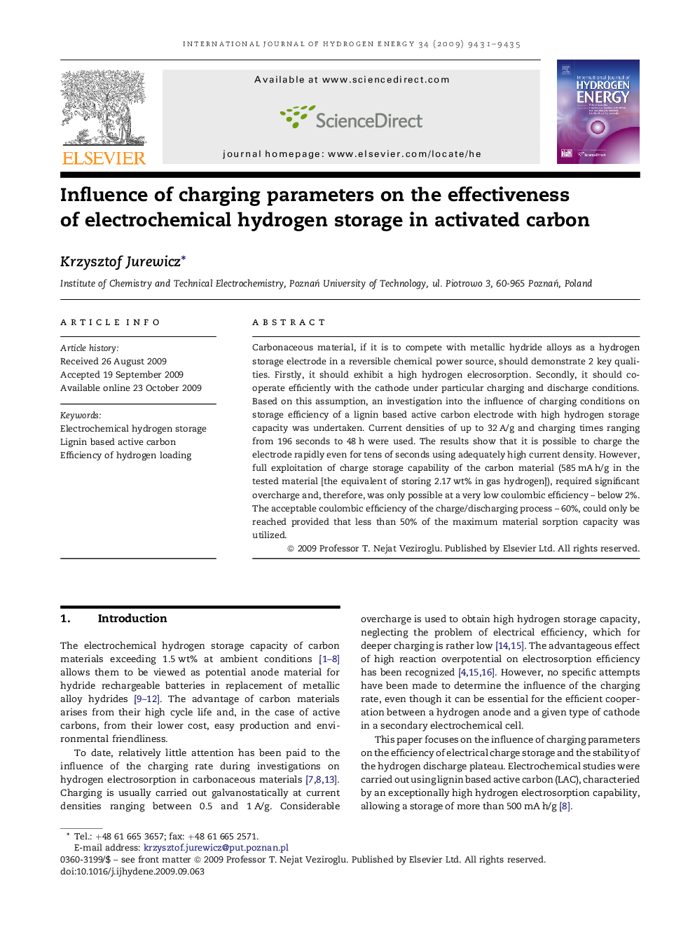 Influence of charging parameters on the effectiveness of electrochemical hydrogen storage in activated carbon