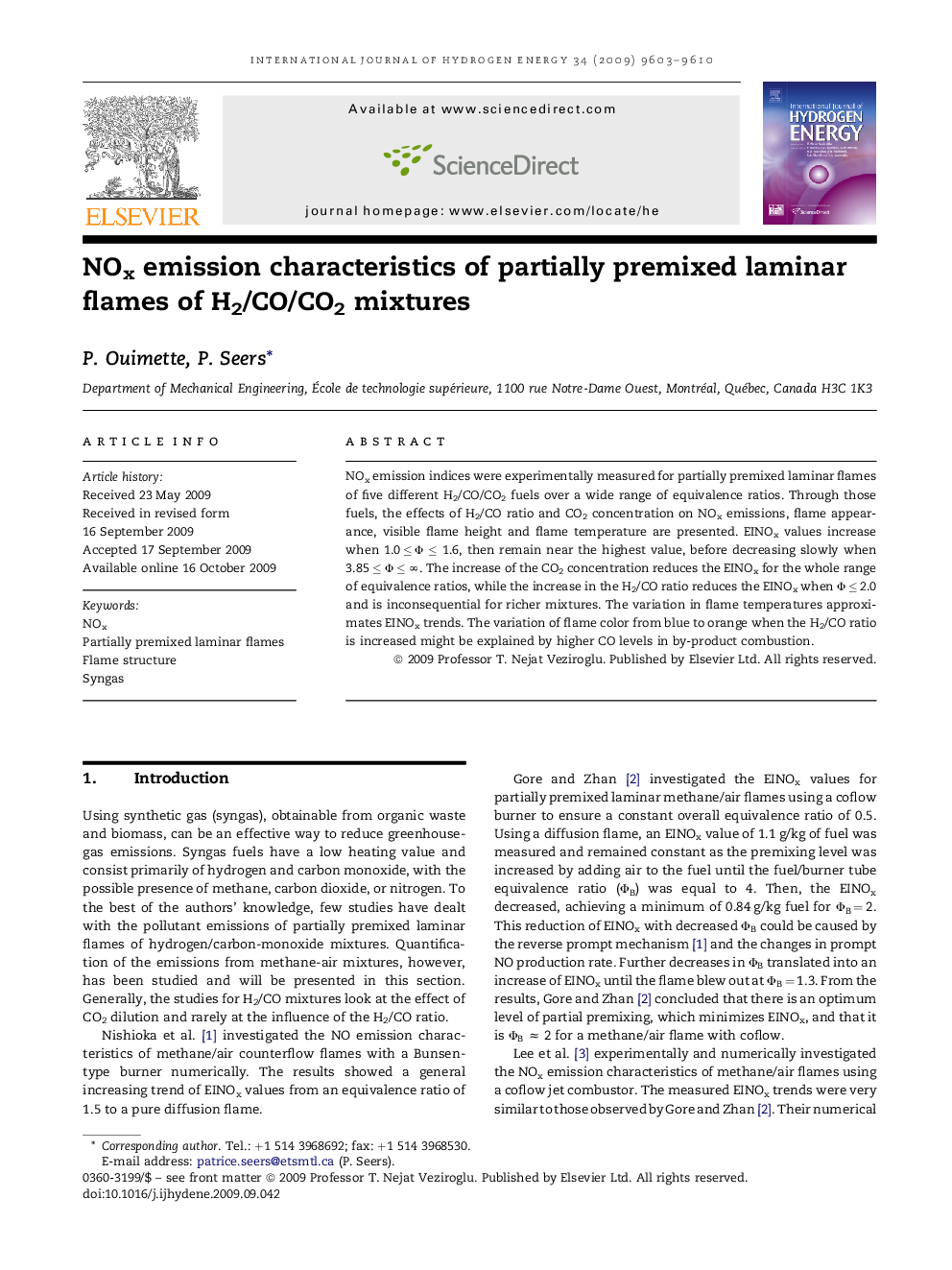 NOx emission characteristics of partially premixed laminar flames of H2/CO/CO2 mixtures