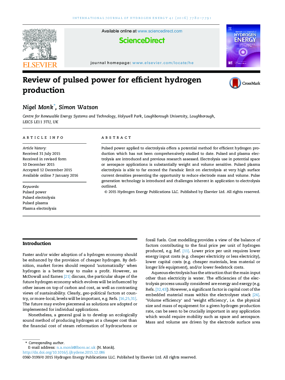 Review of pulsed power for efficient hydrogen production