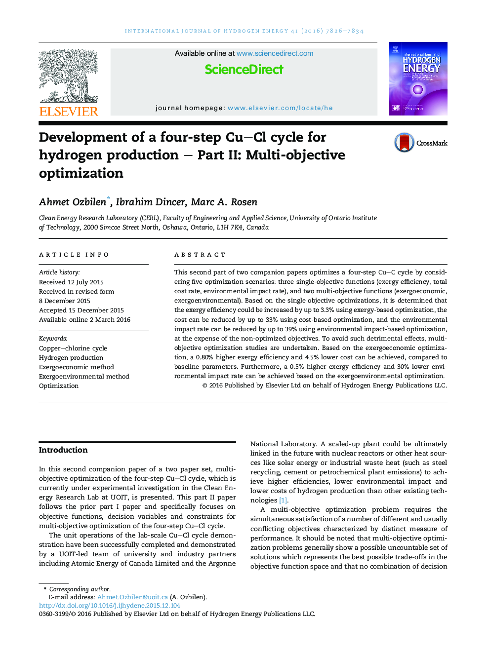 Development of a four-step Cu–Cl cycle for hydrogen production – Part II: Multi-objective optimization