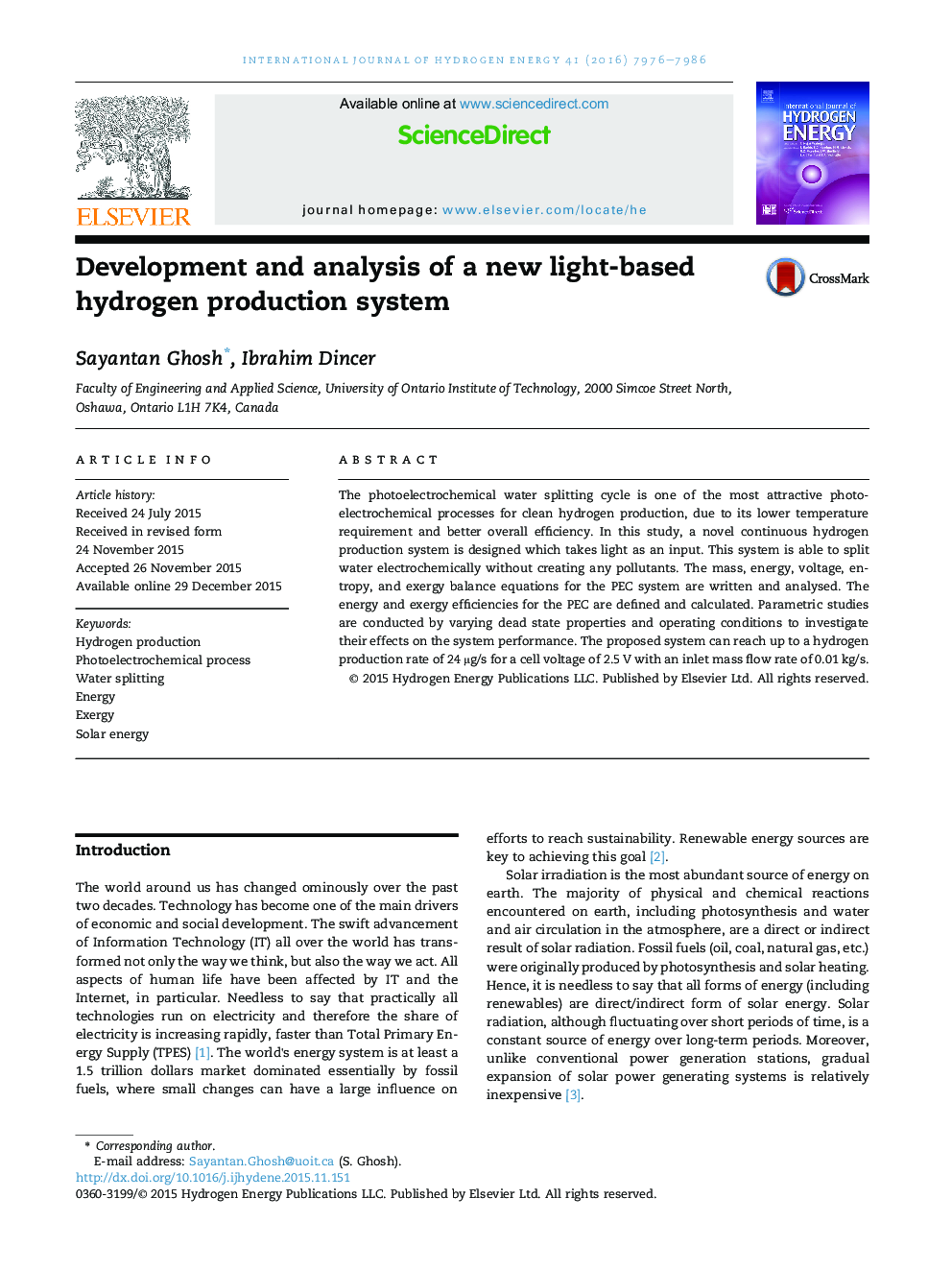 Development and analysis of a new light-based hydrogen production system