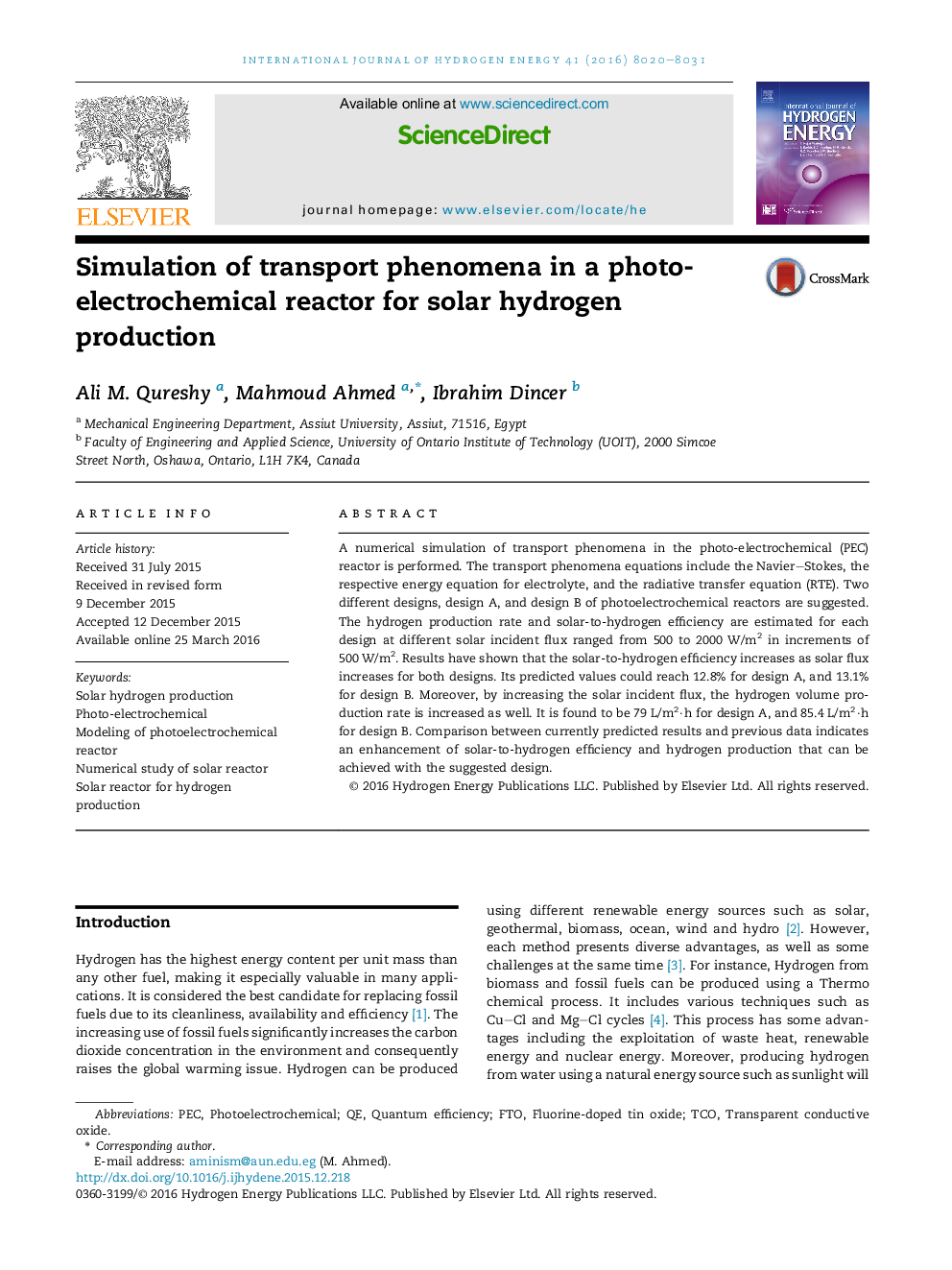 Simulation of transport phenomena in a photo-electrochemical reactor for solar hydrogen production