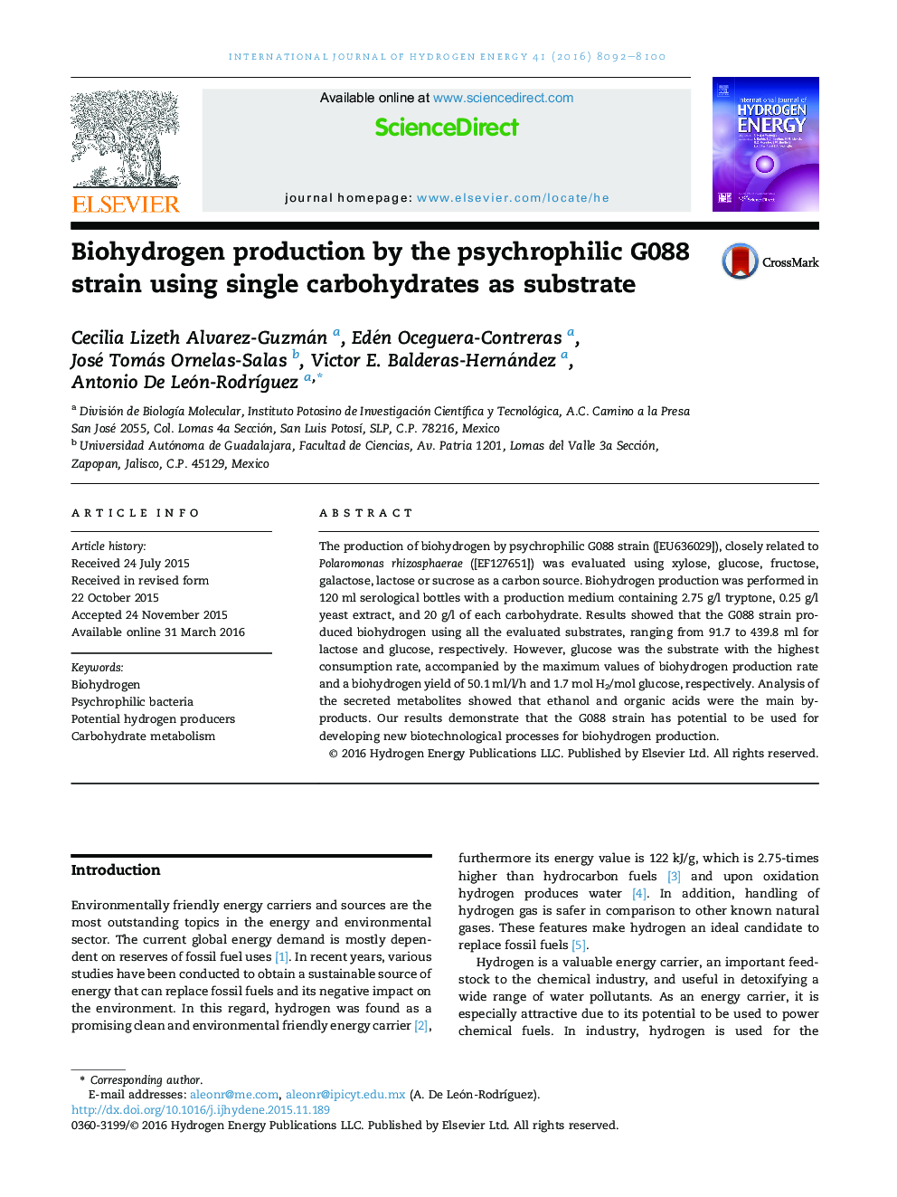 Biohydrogen production by the psychrophilic G088 strain using single carbohydrates as substrate