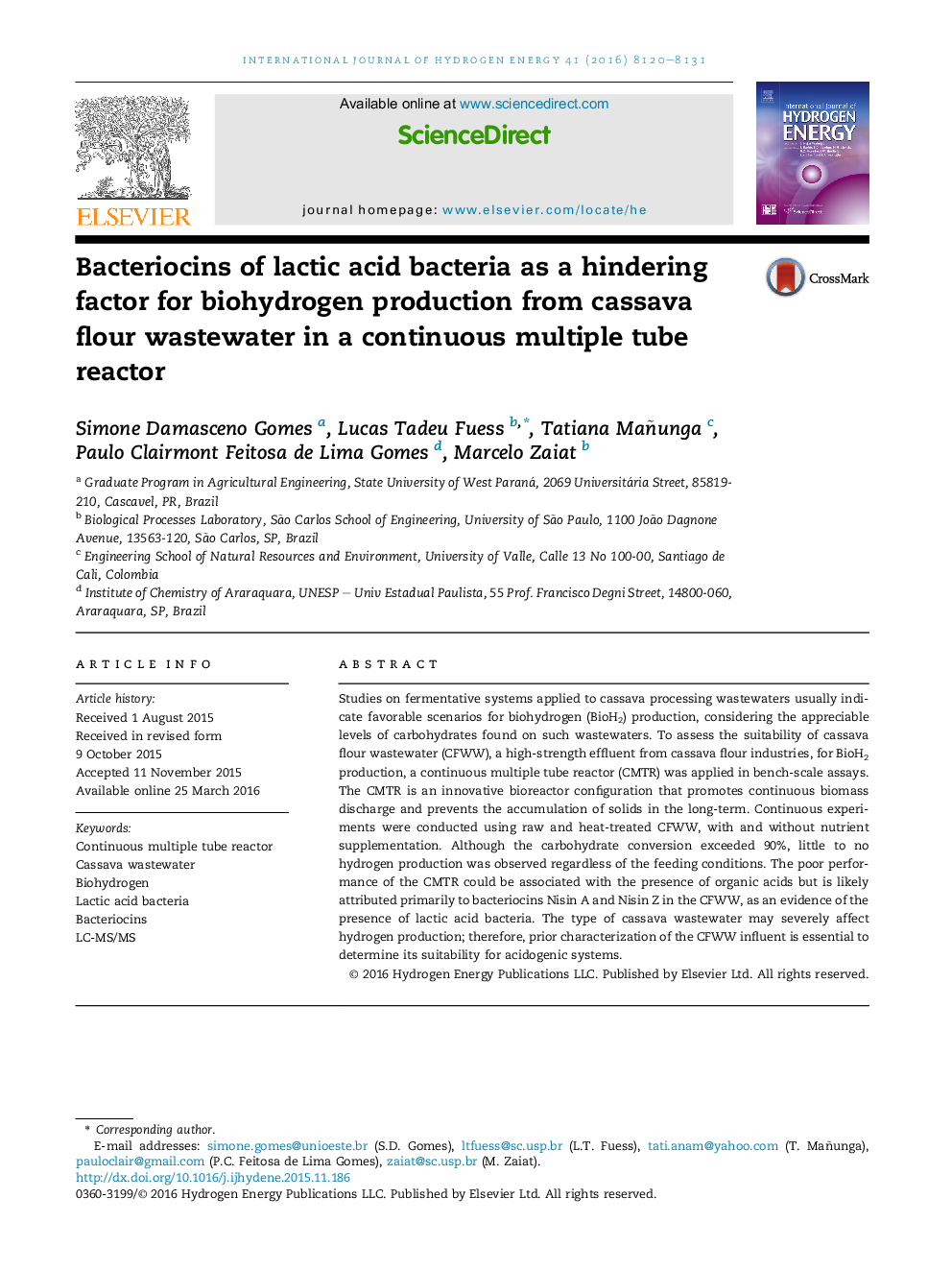 Bacteriocins of lactic acid bacteria as a hindering factor for biohydrogen production from cassava flour wastewater in a continuous multiple tube reactor