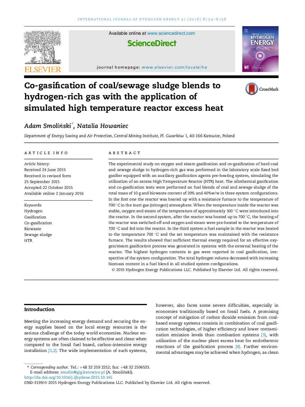 Co-gasification of coal/sewage sludge blends to hydrogen-rich gas with the application of simulated high temperature reactor excess heat