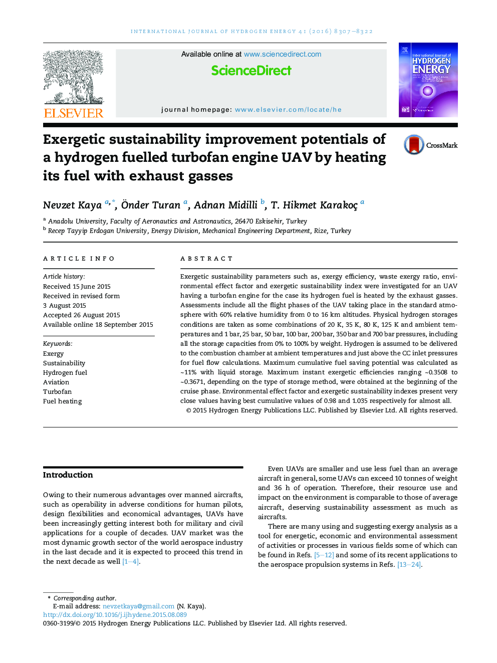 Exergetic sustainability improvement potentials of a hydrogen fuelled turbofan engine UAV by heating its fuel with exhaust gasses