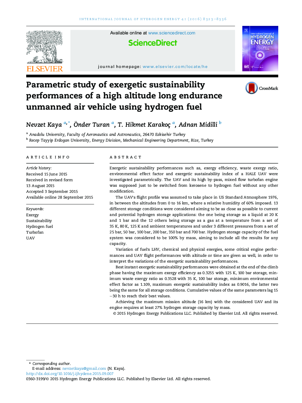Parametric study of exergetic sustainability performances of a high altitude long endurance unmanned air vehicle using hydrogen fuel