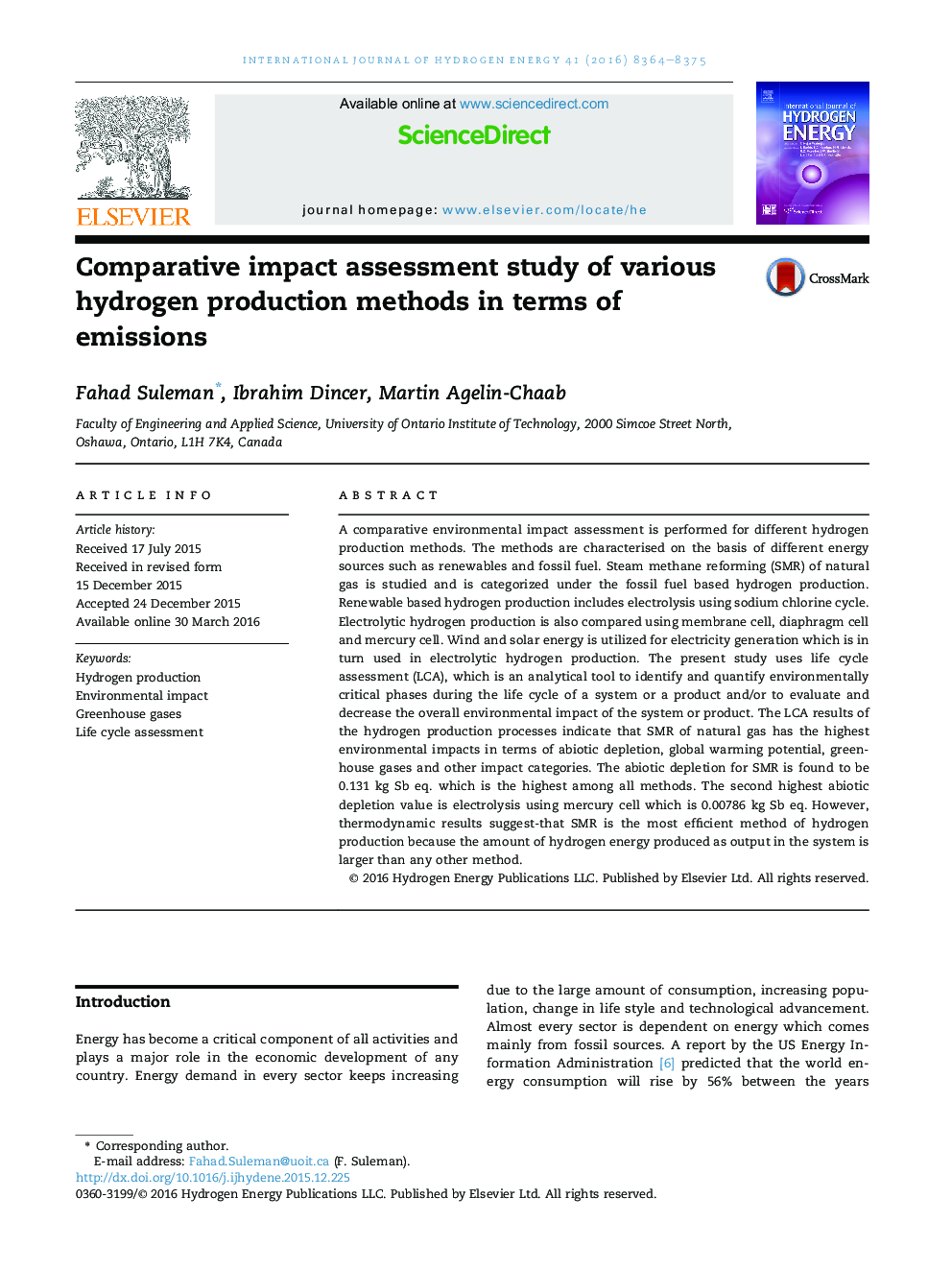 Comparative impact assessment study of various hydrogen production methods in terms of emissions