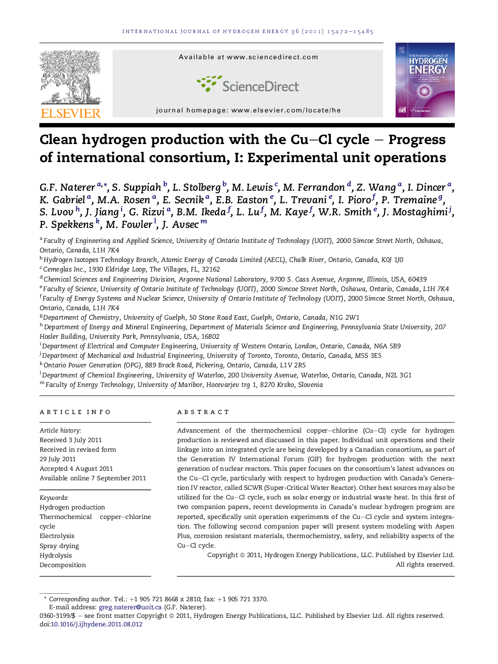 Clean hydrogen production with the Cu–Cl cycle – Progress of international consortium, I: Experimental unit operations