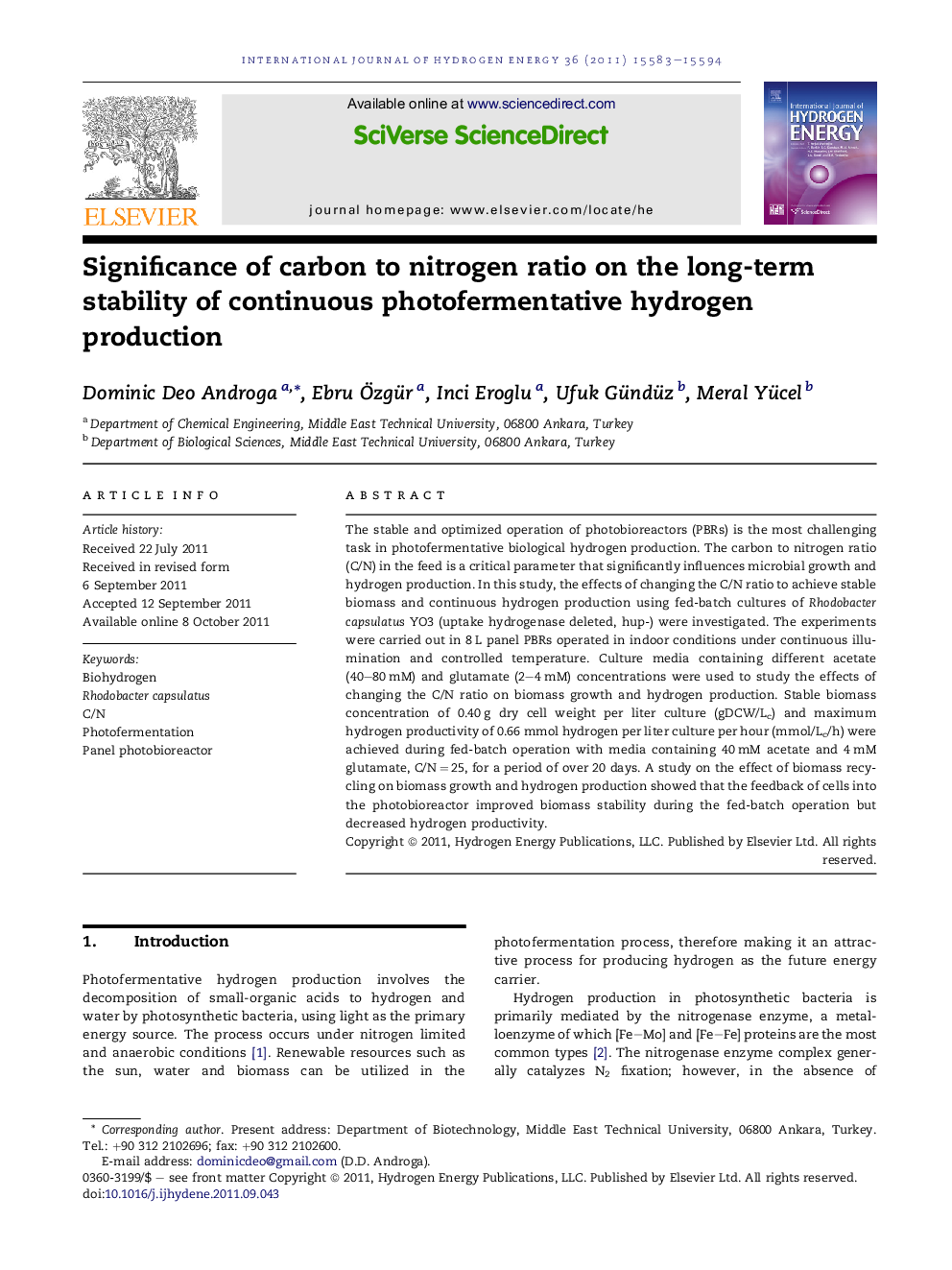 Significance of carbon to nitrogen ratio on the long-term stability of continuous photofermentative hydrogen production