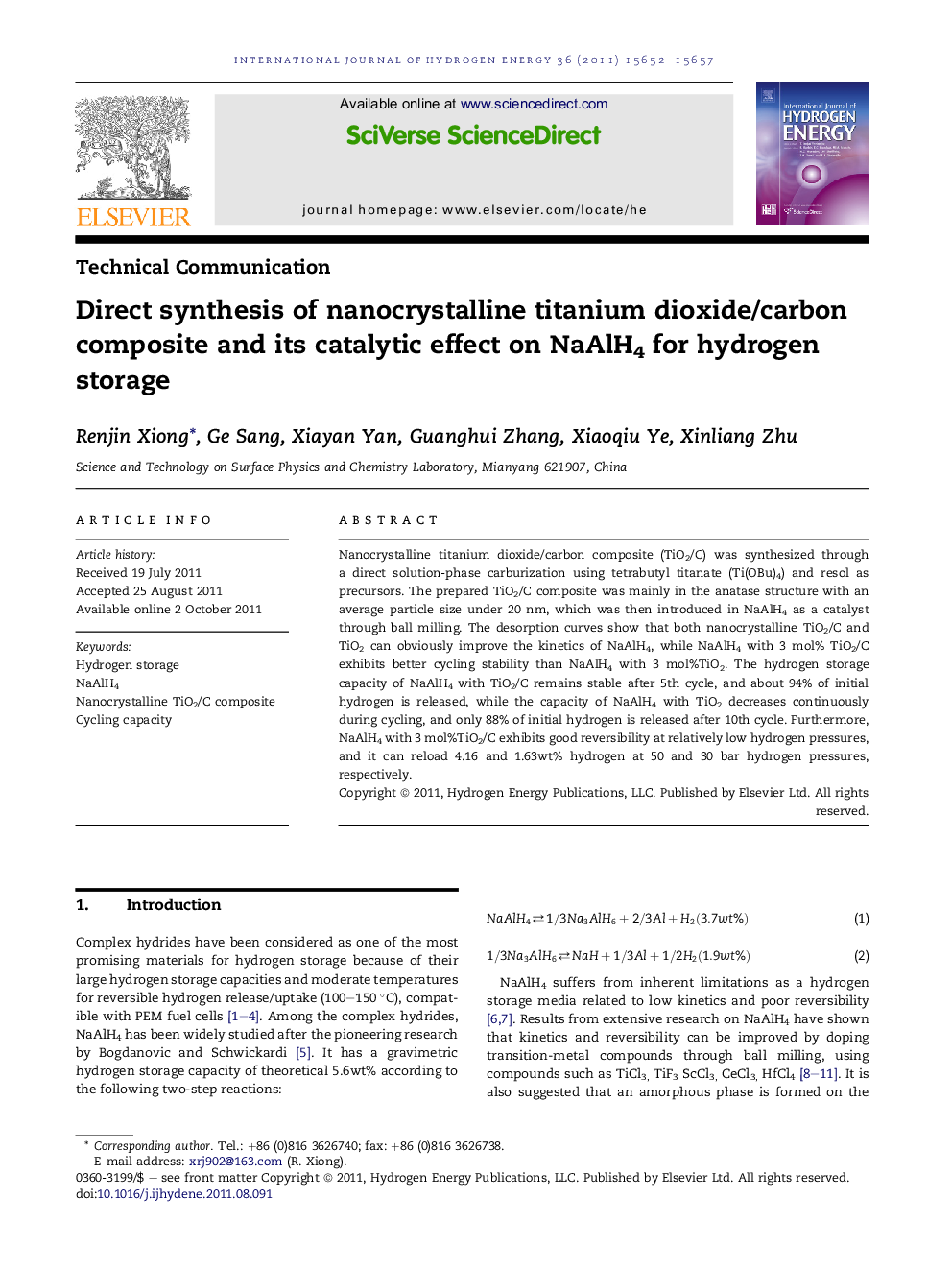 Direct synthesis of nanocrystalline titanium dioxide/carbon composite and its catalytic effect on NaAlH4 for hydrogen storage