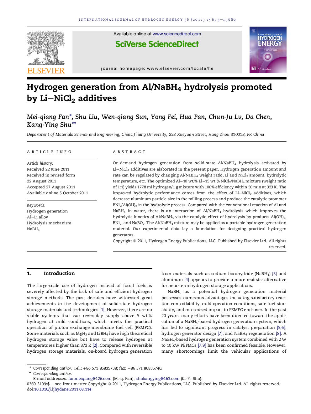 Hydrogen generation from Al/NaBH4 hydrolysis promoted by Li–NiCl2 additives